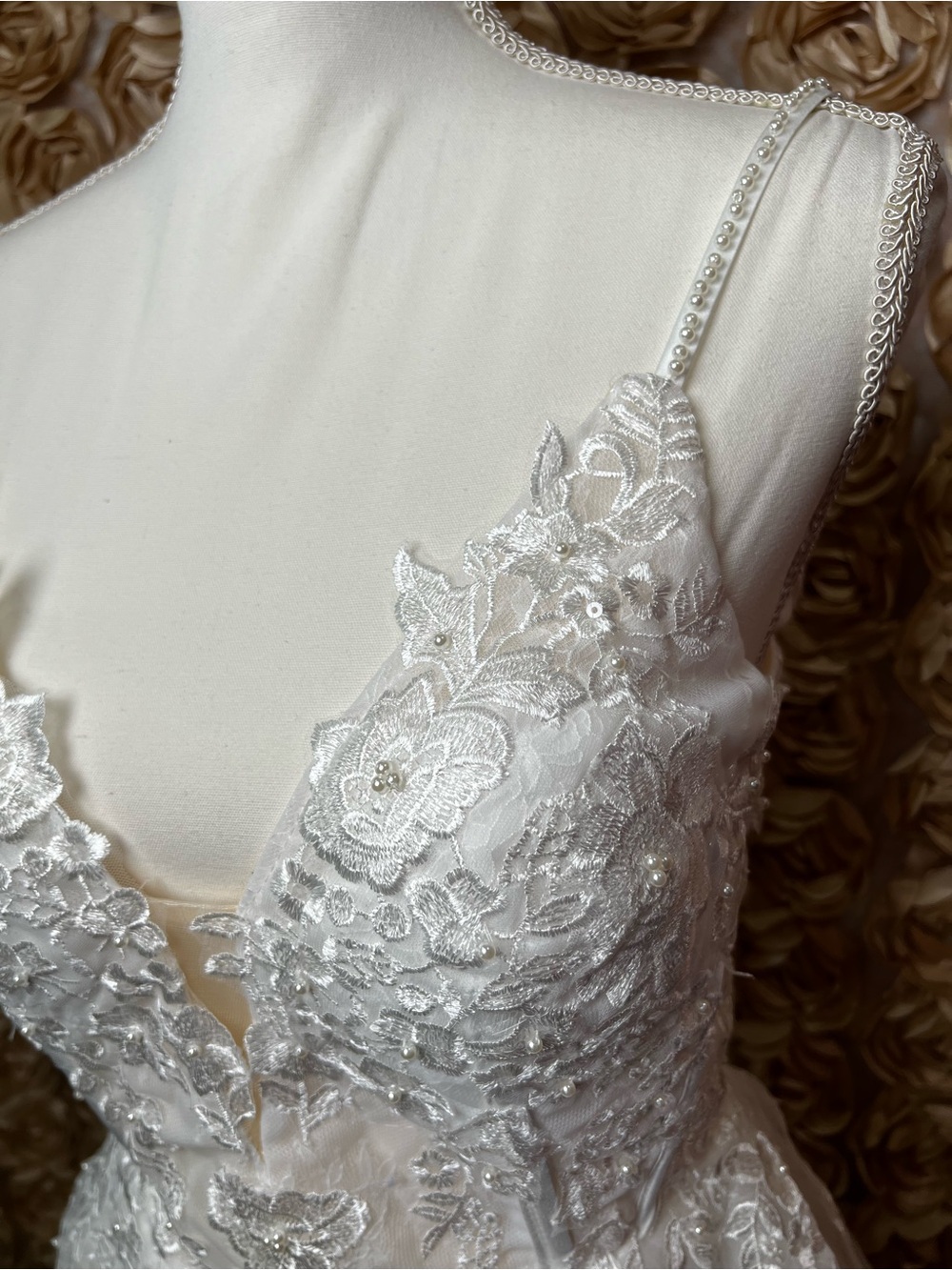 Ivory Lace Appliqué Bridal Chemise with Pearl-Strap Detail